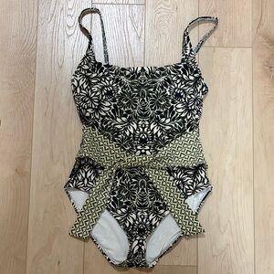 Ellen Tracy Floral Tie-Front One-Piece Swimsuit, Green/Ivory, sz 10